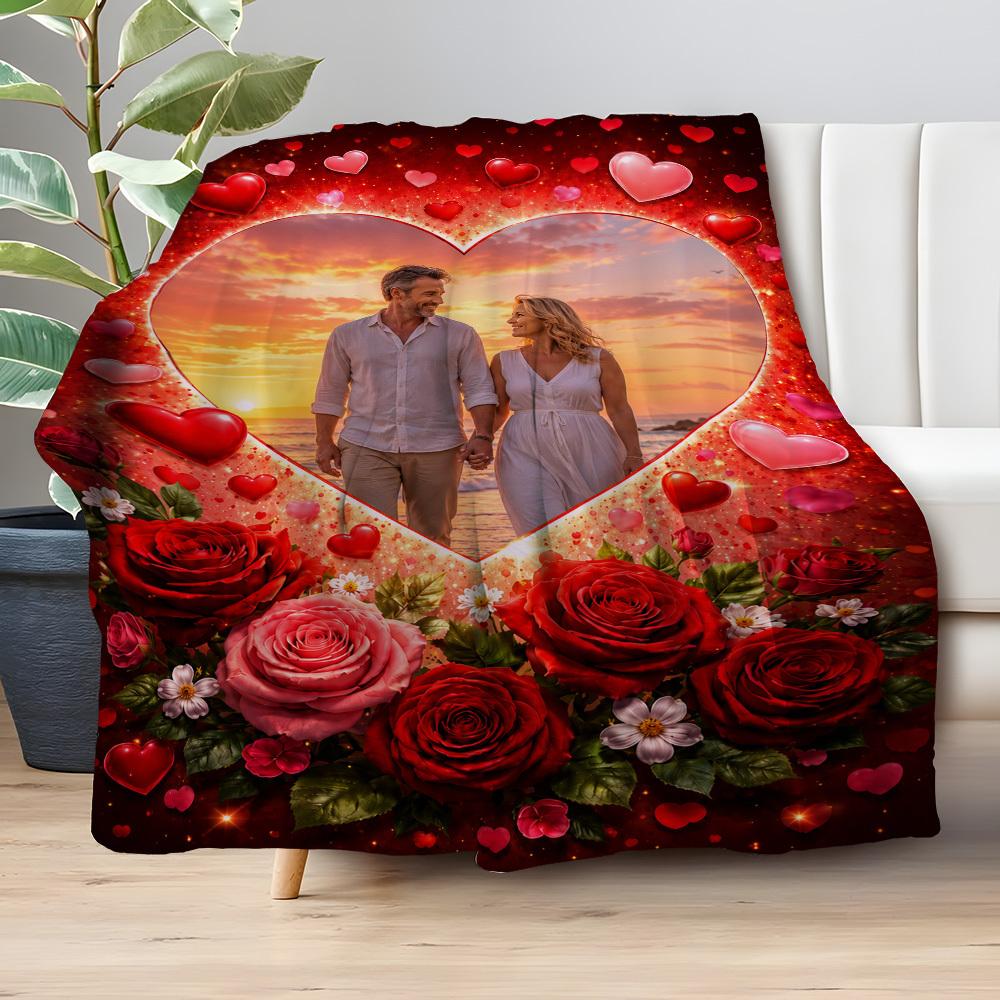 Red Rose Photo Flannel Blanket, Customizable Design